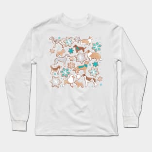 Catching ice and sweetness // spot // white background gingerbread white brown grey and dogs and snowflakes turquoise details Long Sleeve T-Shirt